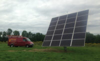 Solar electric systems may be roof-mounted or ground-mounted. This photo shows a dual-axis tracker that follows the sun across the sky to maximize system production.