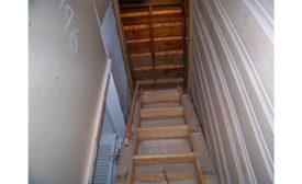 Pull-down ladder for safer service work in attics.