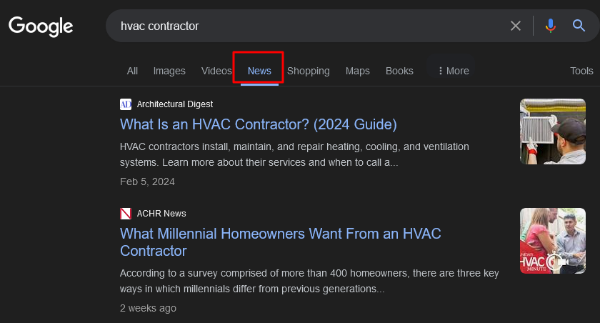 Google Screenshot for HVAC Contractor.