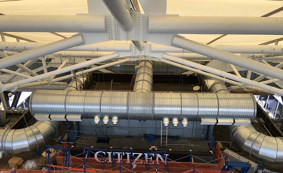 Tennis stadium retractable roof features spiral duct above